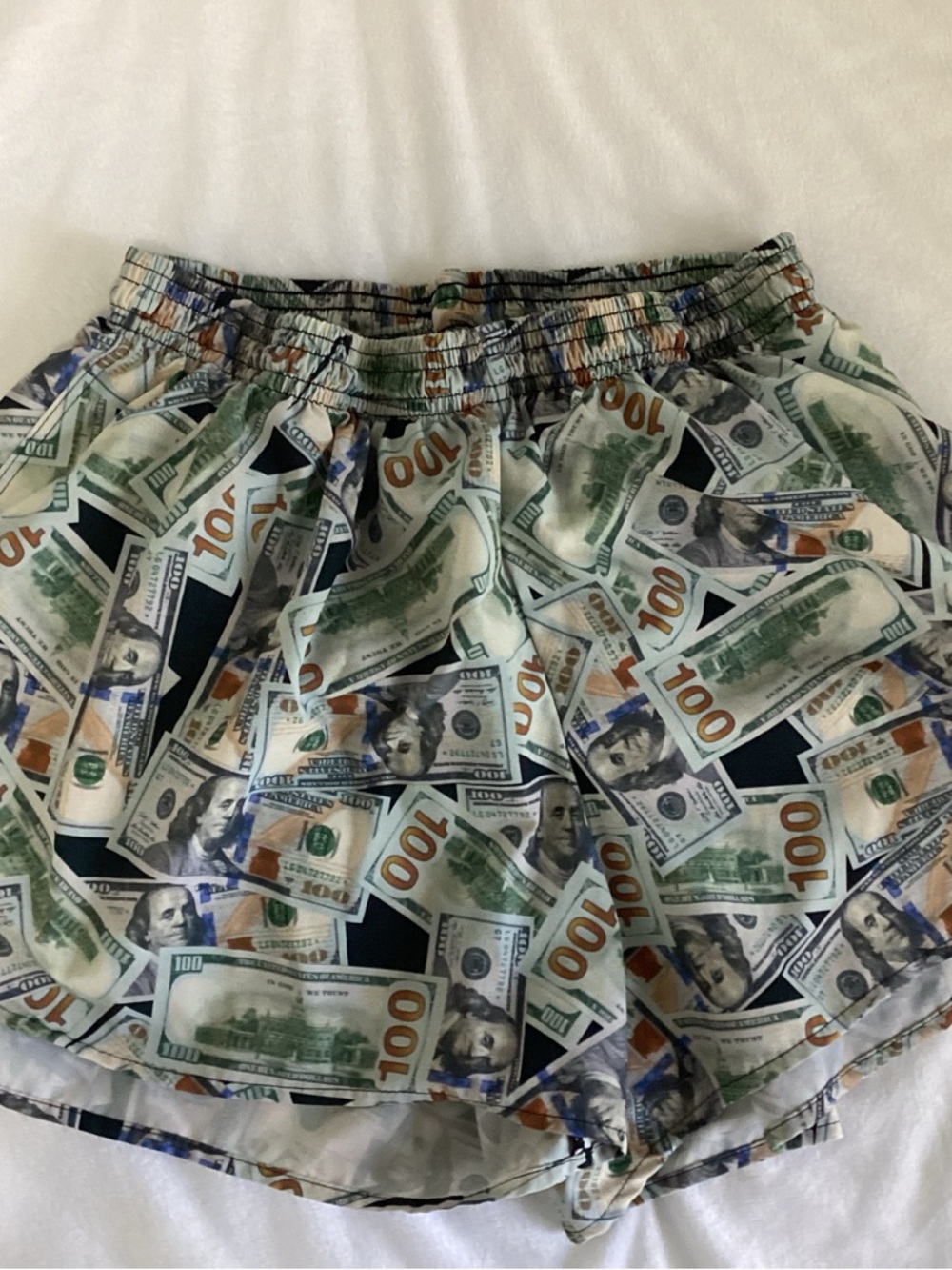 Women’s Athletic Shorts in Money Print - White/Green/Blue